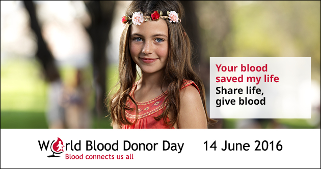 A girl plays the role of blood recipient in World Blood Donor Day 2016 video