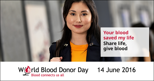 A woman plays the role of blood recipient in World Blood Donor Day 2016 video