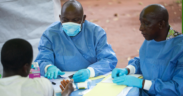 Ebola vaccine trial team follows-up with a vaccine trial participant, Katongourou, Guinea