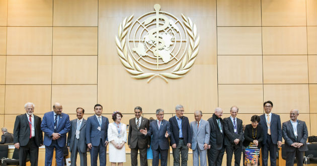 Award winners and representatives of the foundations presenting awards are applauded by delegates of the Sixty-ninth World Health Assembly.