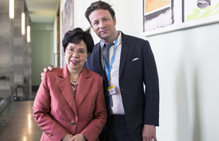 WHO Director-General, Jamie Oliver, British celebrity chef, at the World Health Assembly meeting.