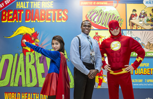 Delegates at the diabetes stand, World Health Assembly